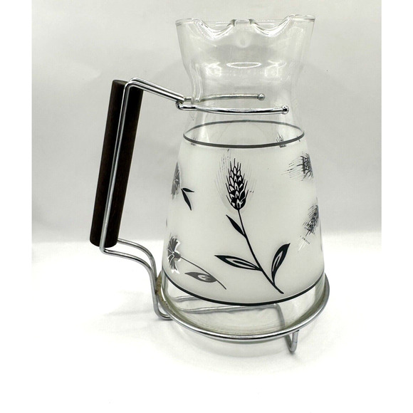 1950's Libbey Pitcher & Two Glasses Frosted Silver Wheat Teak Handle MCM Vintage - Picture 1 of 10